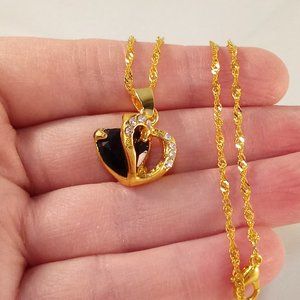 Yellow Gold Plated Black Onyx Diamond Zircon Heart Pendant Necklace 3.16ctw